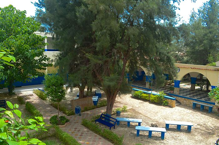 Un banc bleu installé au milieu du jardin, sous les arbres
